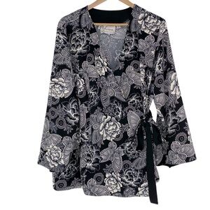 Linea Louis Dell'olio Black White Tropical Floral Butterfly Faux Wrap Top Sz 2X
